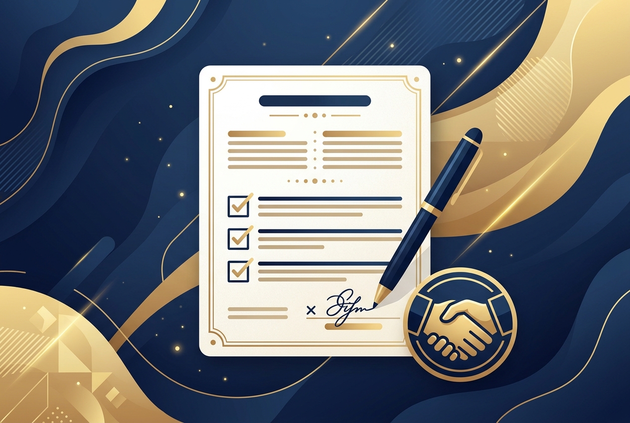 Legal document with checklist and handshake illustration