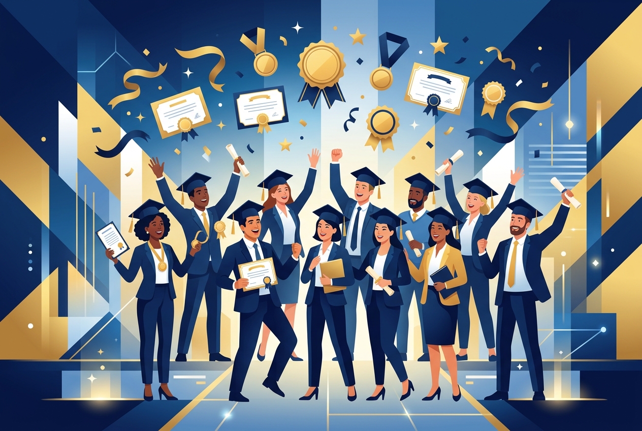 Professionals celebrating their global certification achievement